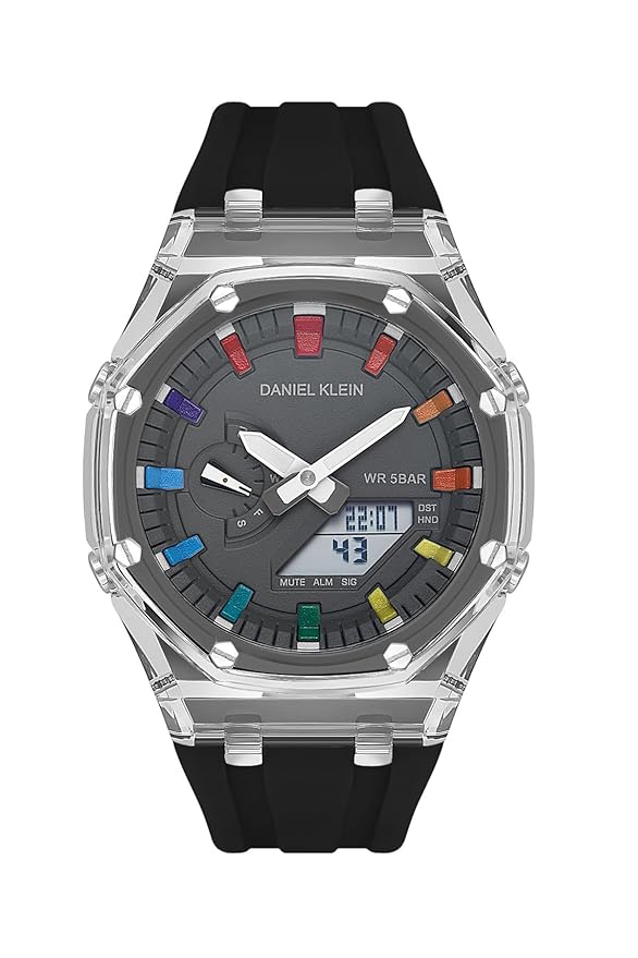 Daniel Klein Sport digital watch with grey dial, multicolored hour markers, and black silicone strap