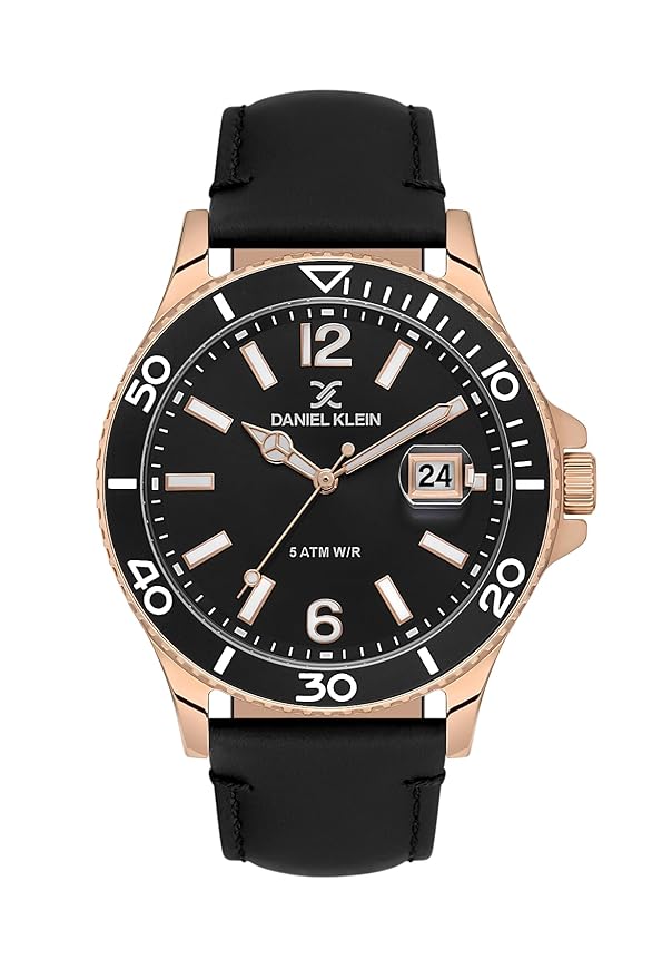 Daniel Klein Premium rose gold watch with black dial, date window, and black leather strap