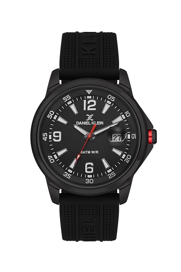 Daniel Klein Premium black dial watch with three hands, date window, and silicone strap