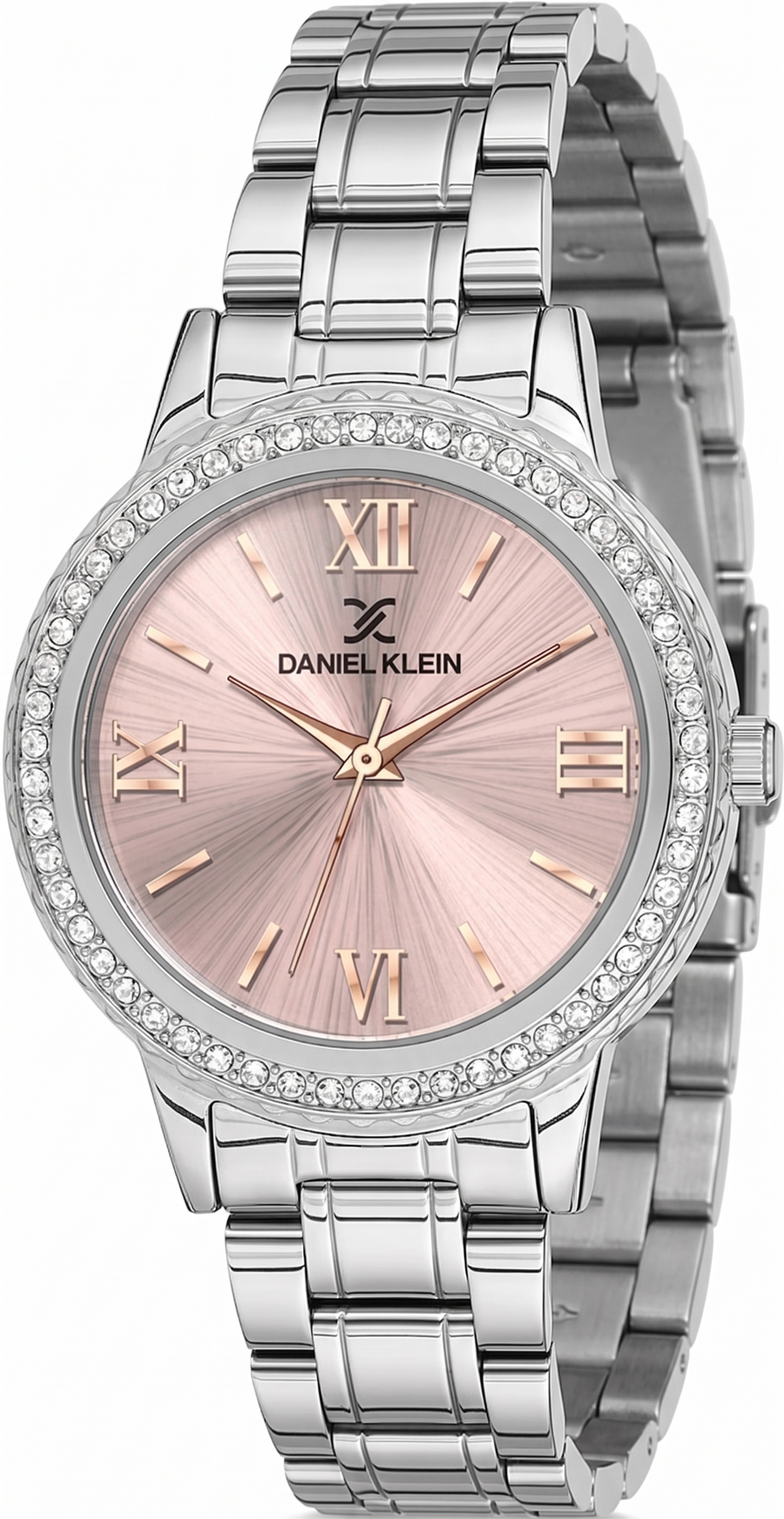 Daniel Klein Premium Pavé watch with pink dial, diamond-set bezel, and silver bracelet