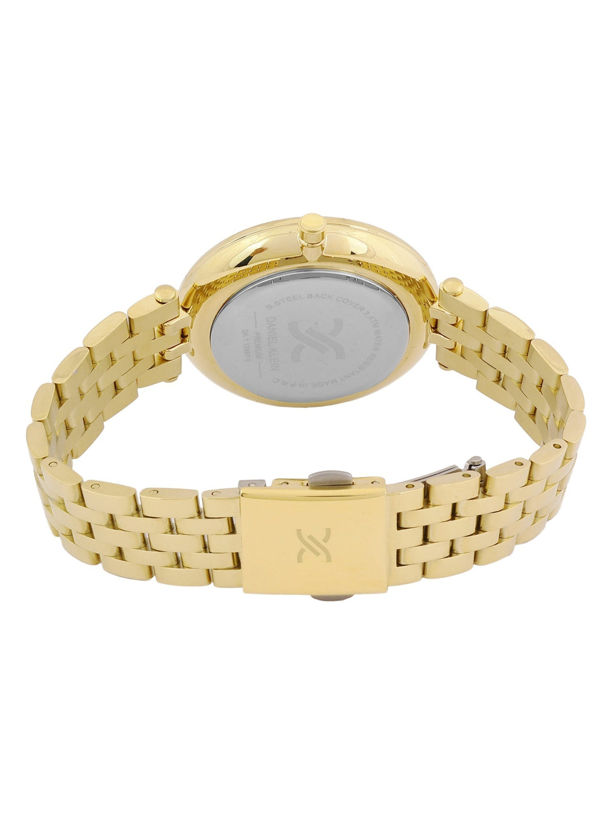 Daniel Klein gold women's watch caseback view showing case back and bracelet clasp