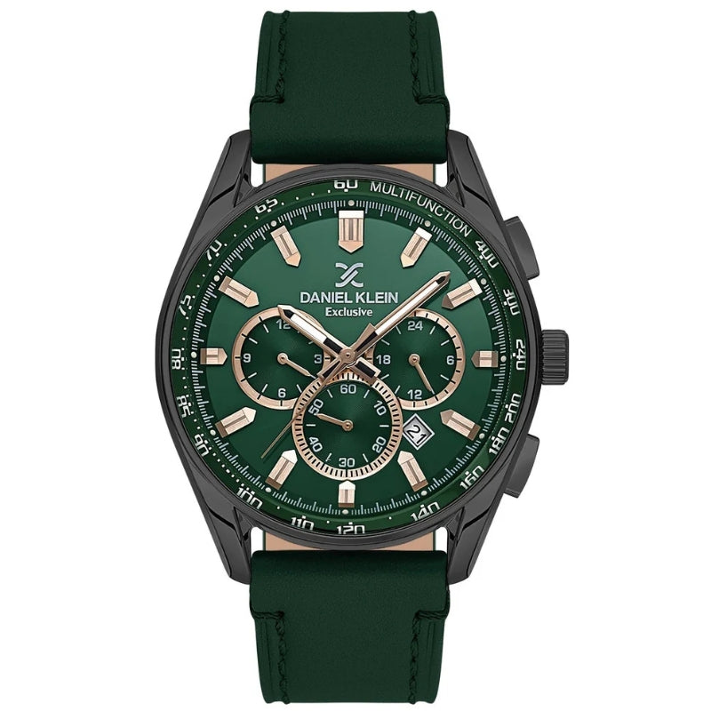 Daniel Klein Exclusive chronograph watch with green dial, black case, and olive leather strap