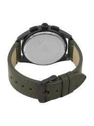 Daniel Klein watch worn on wrist showing olive leather strap and caseback detail