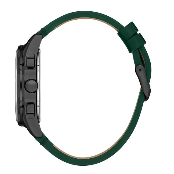 Side view of Daniel Klein watch showing olive green leather strap and black case profile