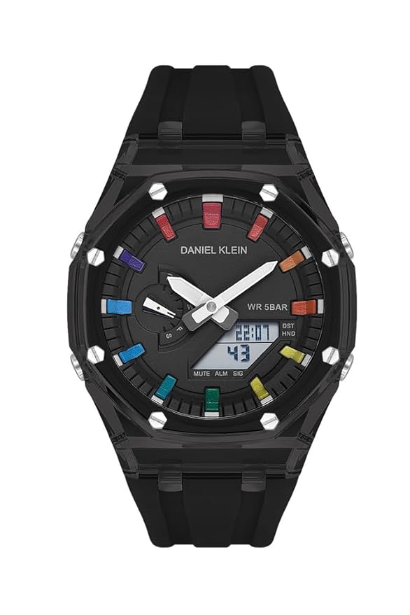 Daniel Klein Sport digital watch with black silicone strap, black case, and colorful dial elements
