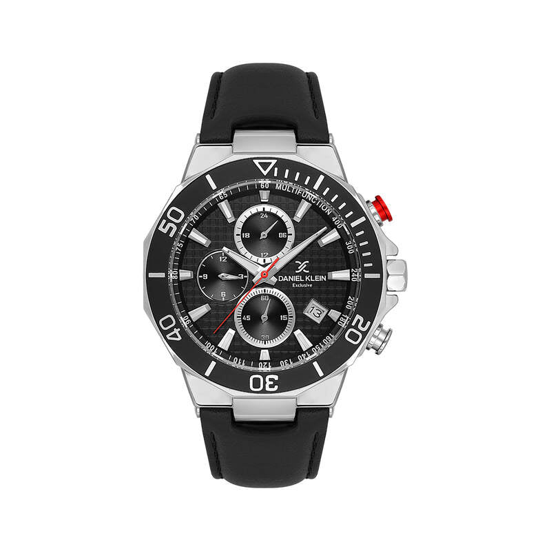 Daniel Klein Exclusive Multifunction Black Dial and Genuine Leathet Strap Silver Watch - DK.1.13841-1