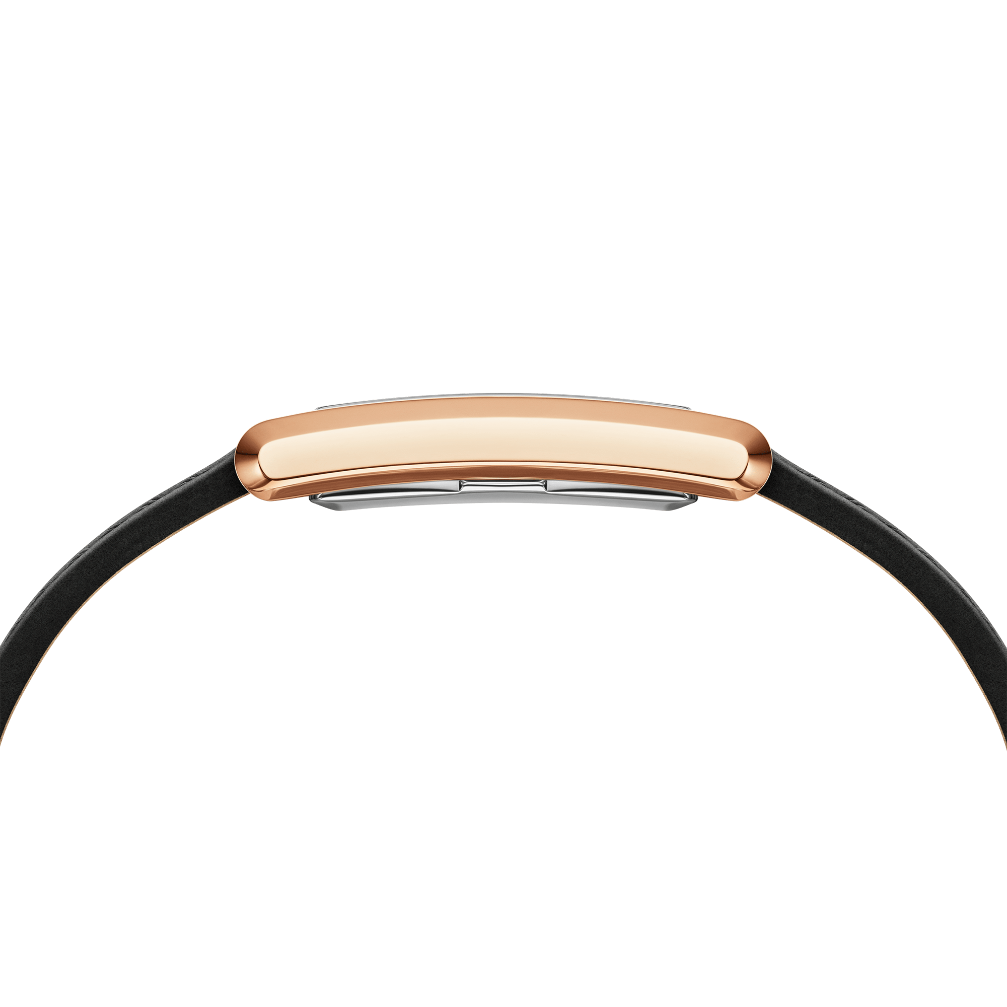 Angled view of Daniel Wellington Bound showing rose gold case and black strap profile