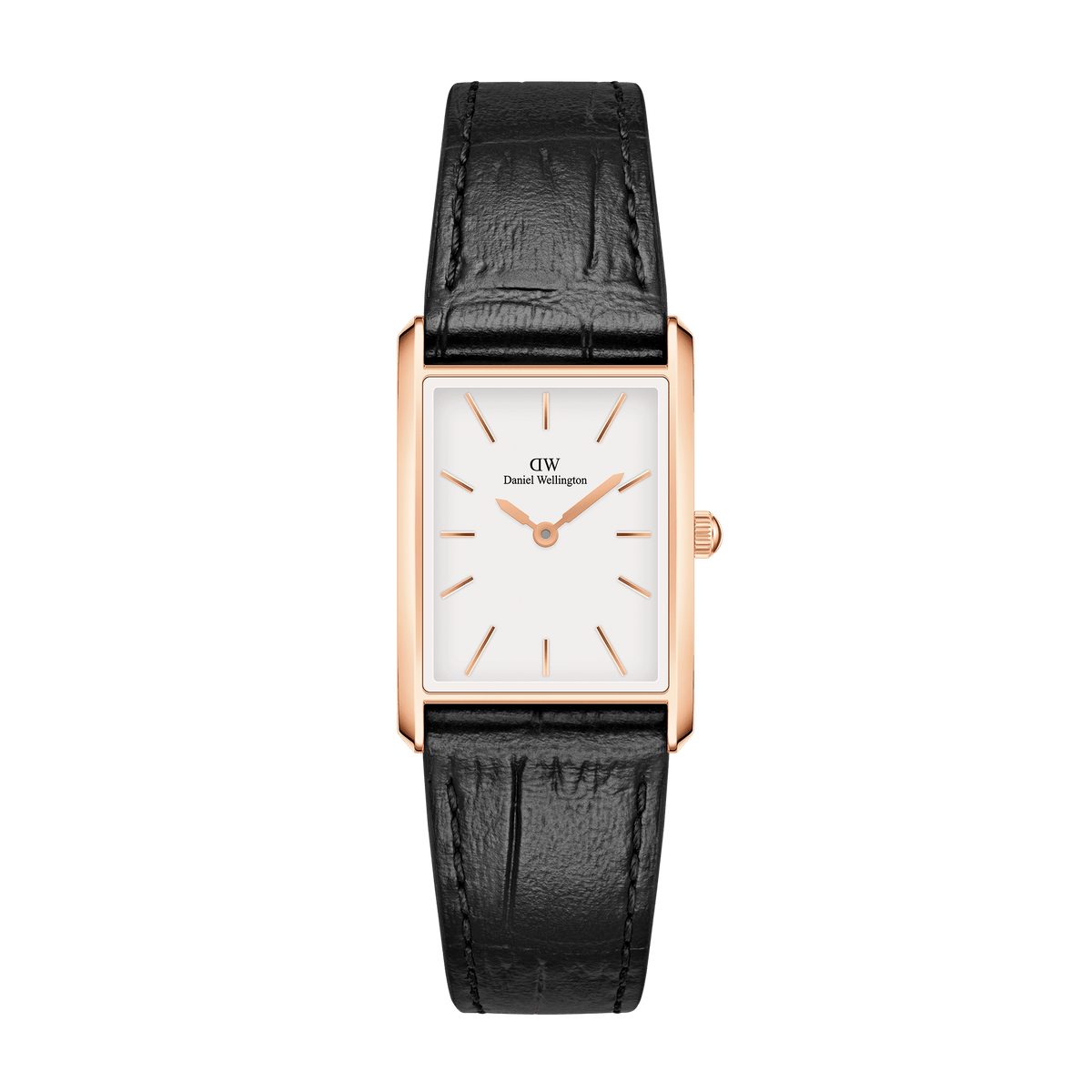 Daniel Wellington Bound rose gold rectangular watch with white dial and black crocodile strap