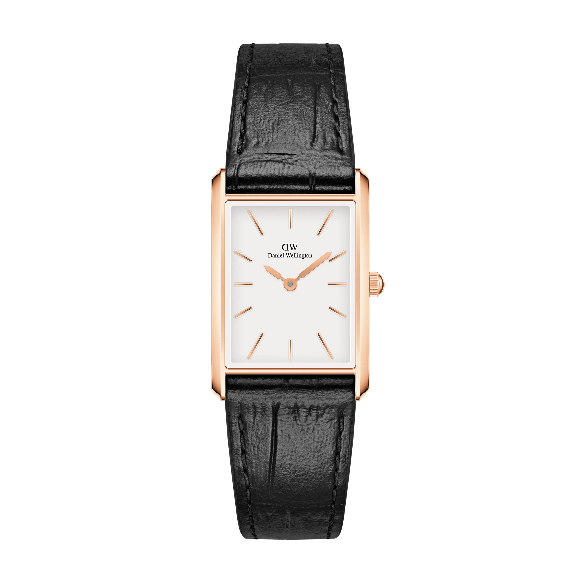 Daniel Wellington Bound rose gold rectangular watch with white dial and black crocodile strap