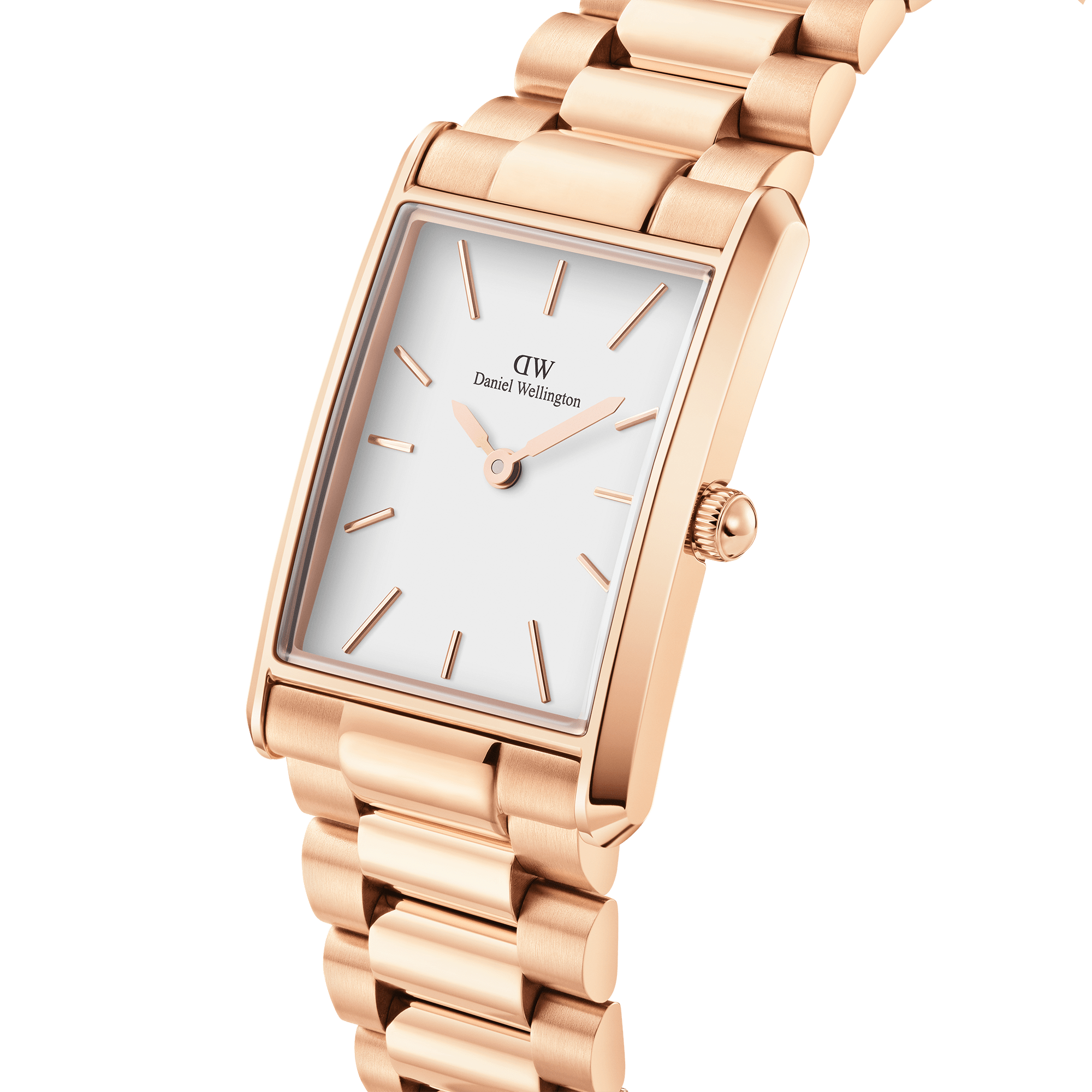 Daniel Wellington Bound rose gold watch angled side view showing case and bracelet