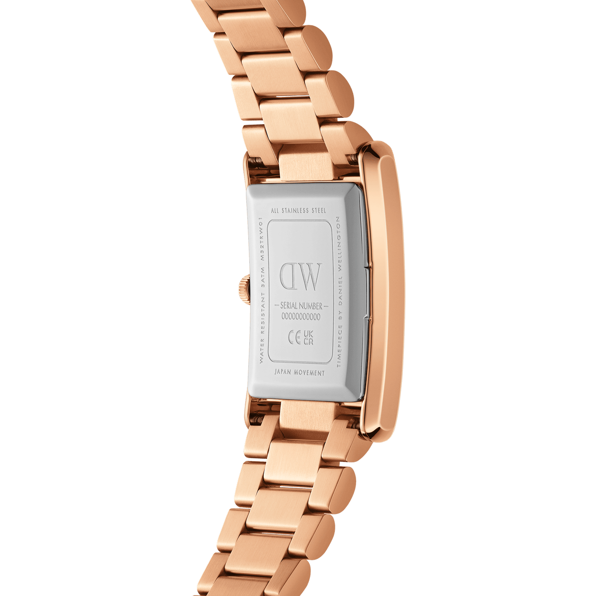 Daniel Wellington Bound rose gold watch caseback showing engraved branding and details