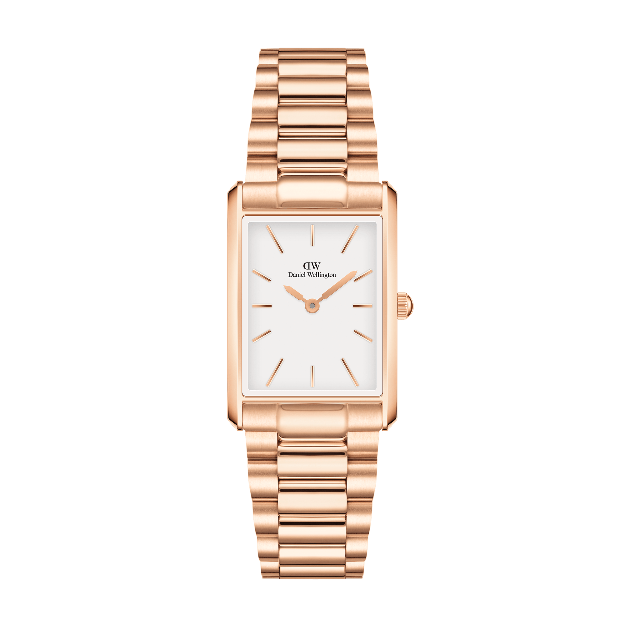 Daniel Wellington Bound rose gold watch with rectangular white dial and 3-link bracelet