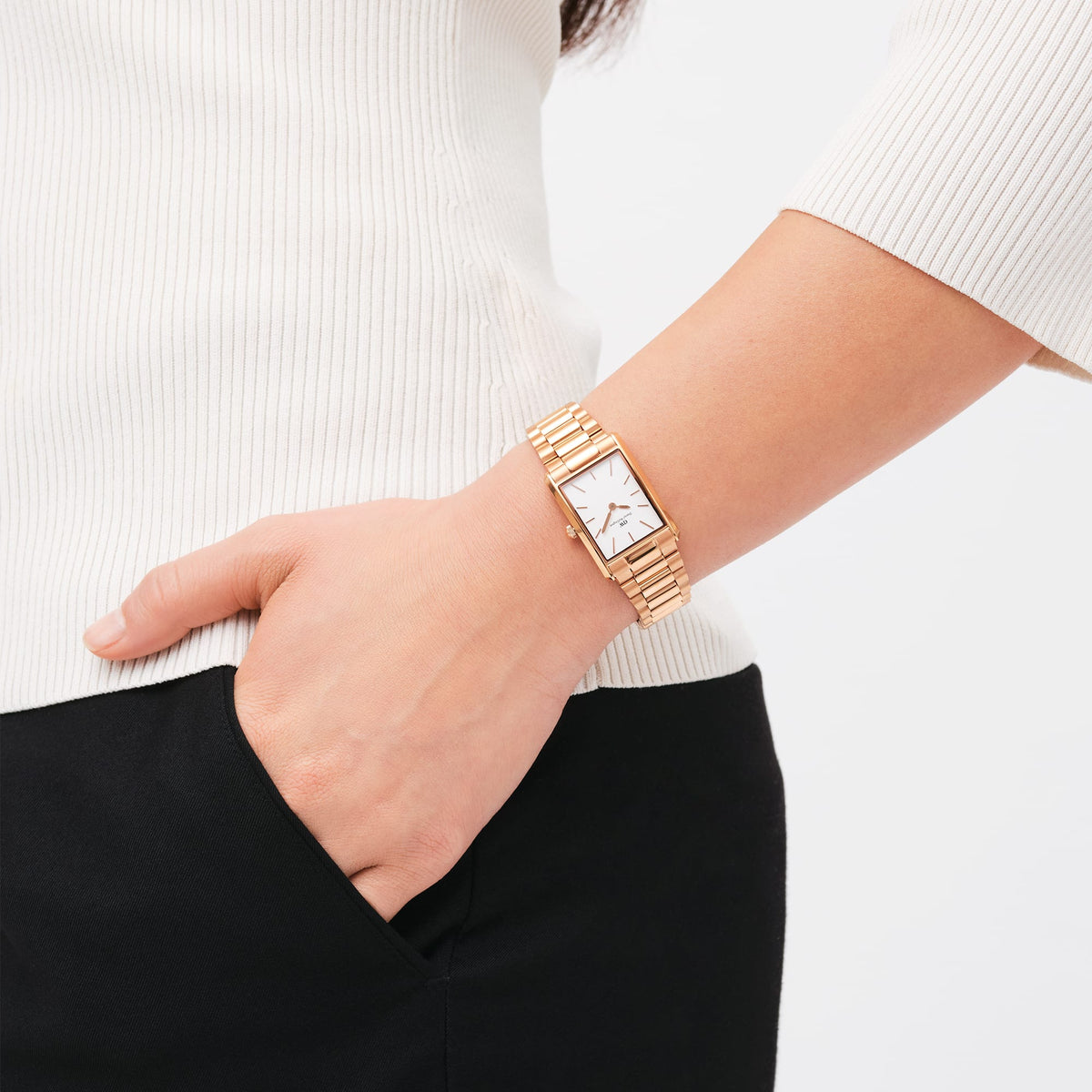 Daniel Wellington Bound rose gold watch worn on wrist