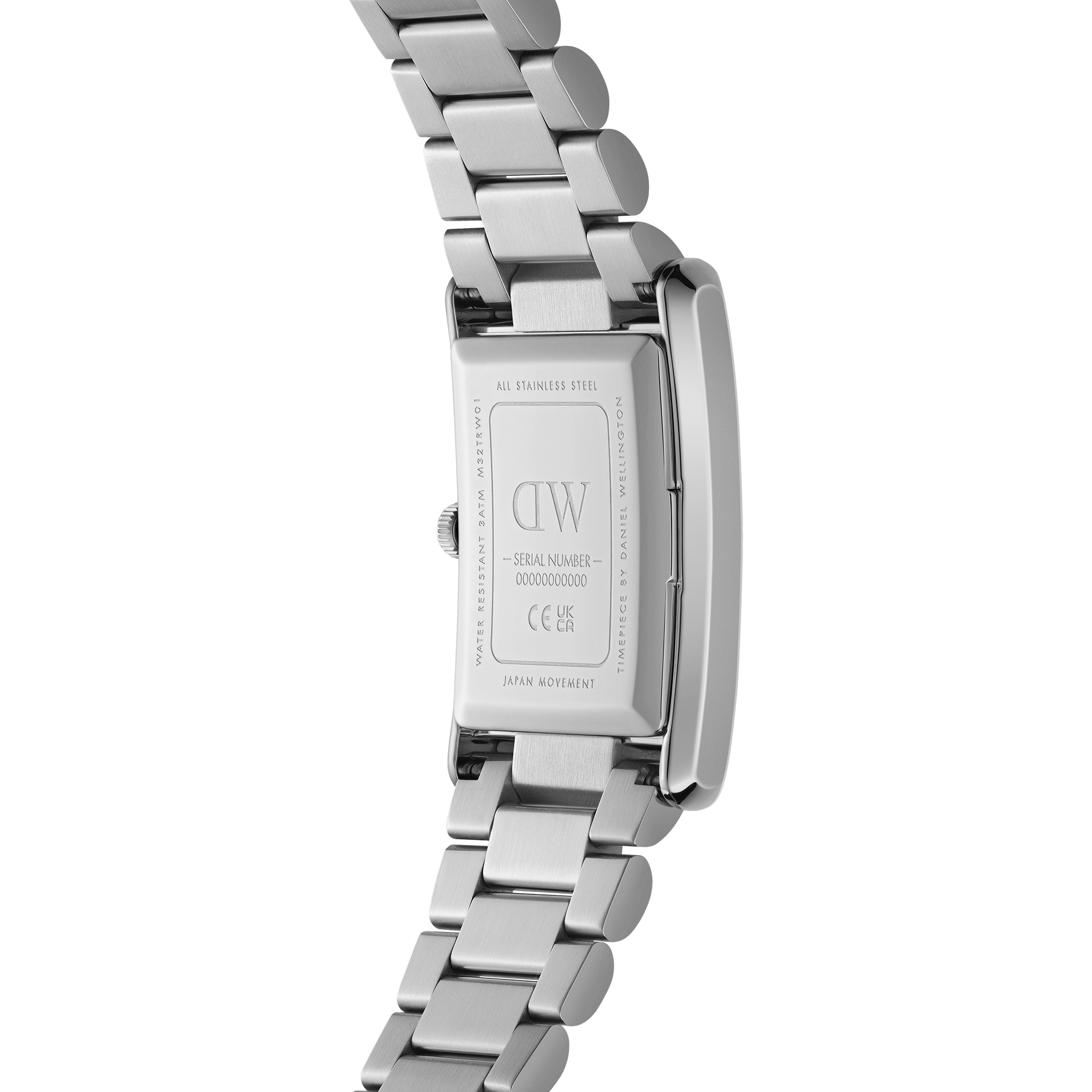 Caseback of Daniel Wellington The Bound Link showing stainless steel with branding