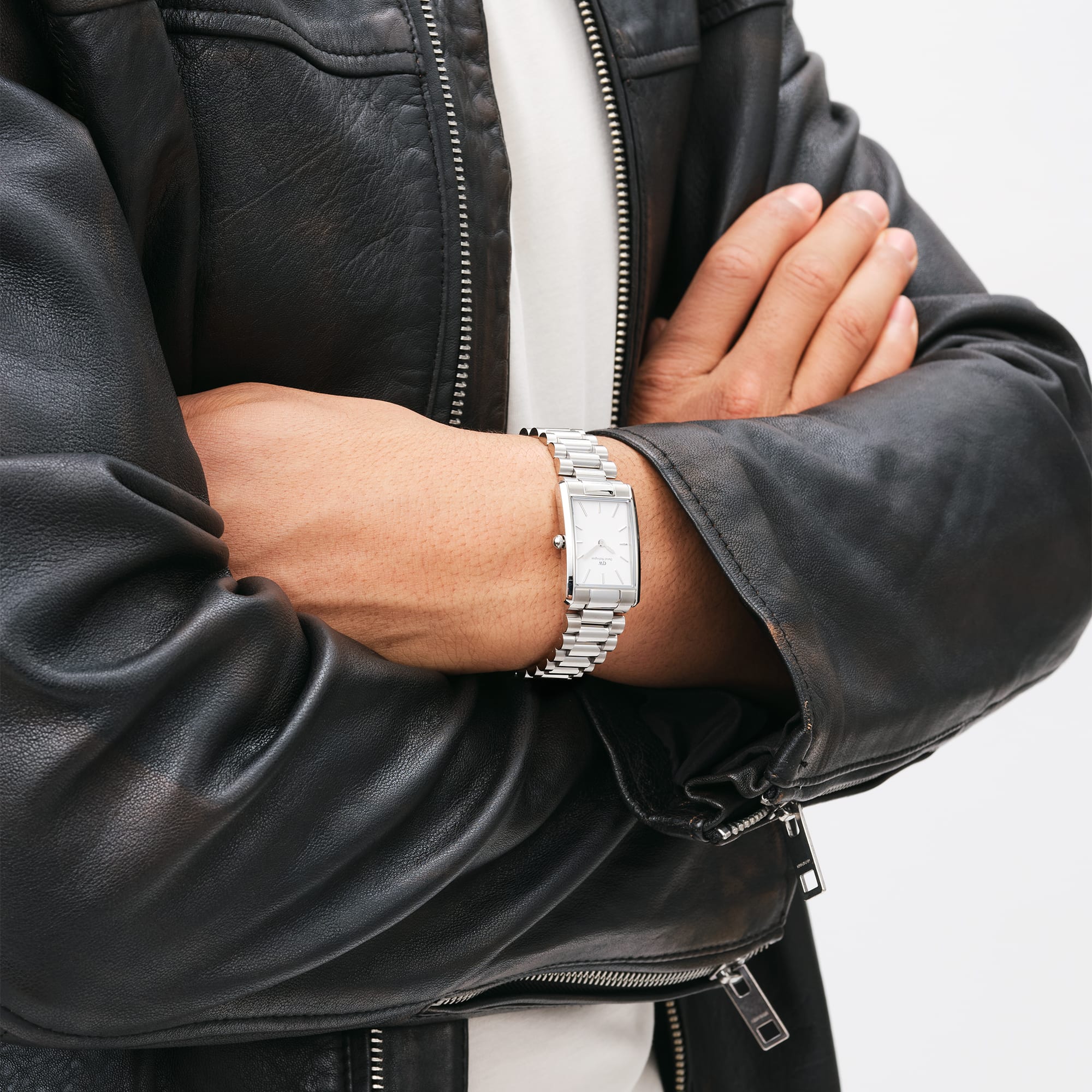 The Bound Link watch on wrist worn with black leather jacket