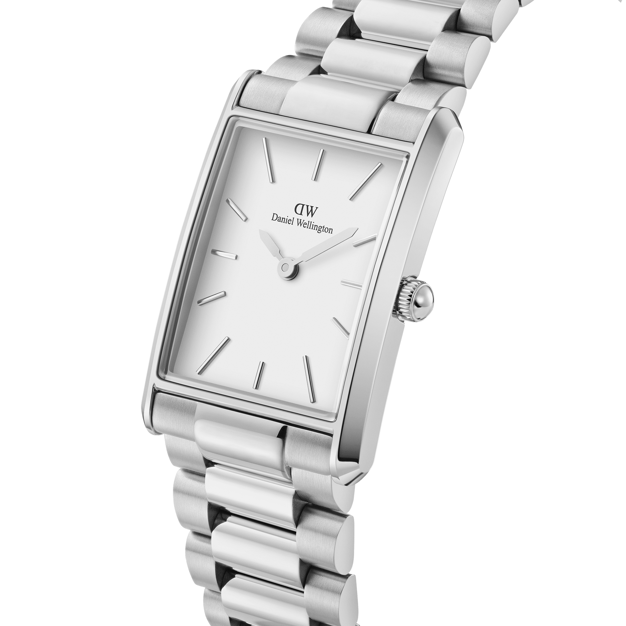 Side view of Daniel Wellington The Bound Link rectangular watch showing case and link band