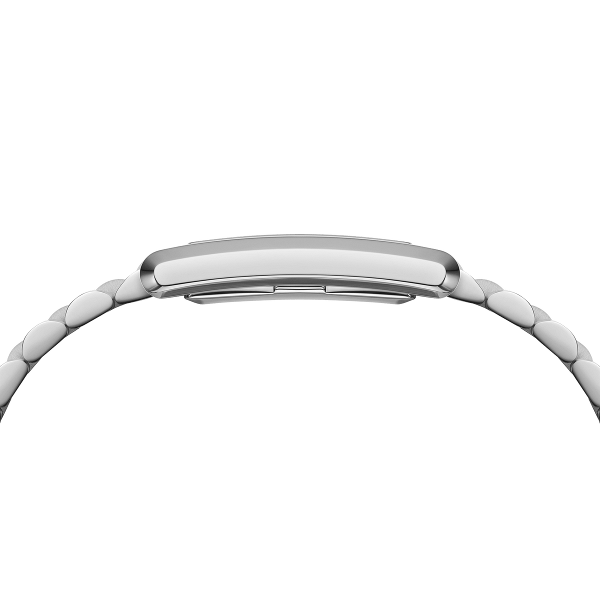Close-up of The Bound Link stainless steel link bracelet and case connection