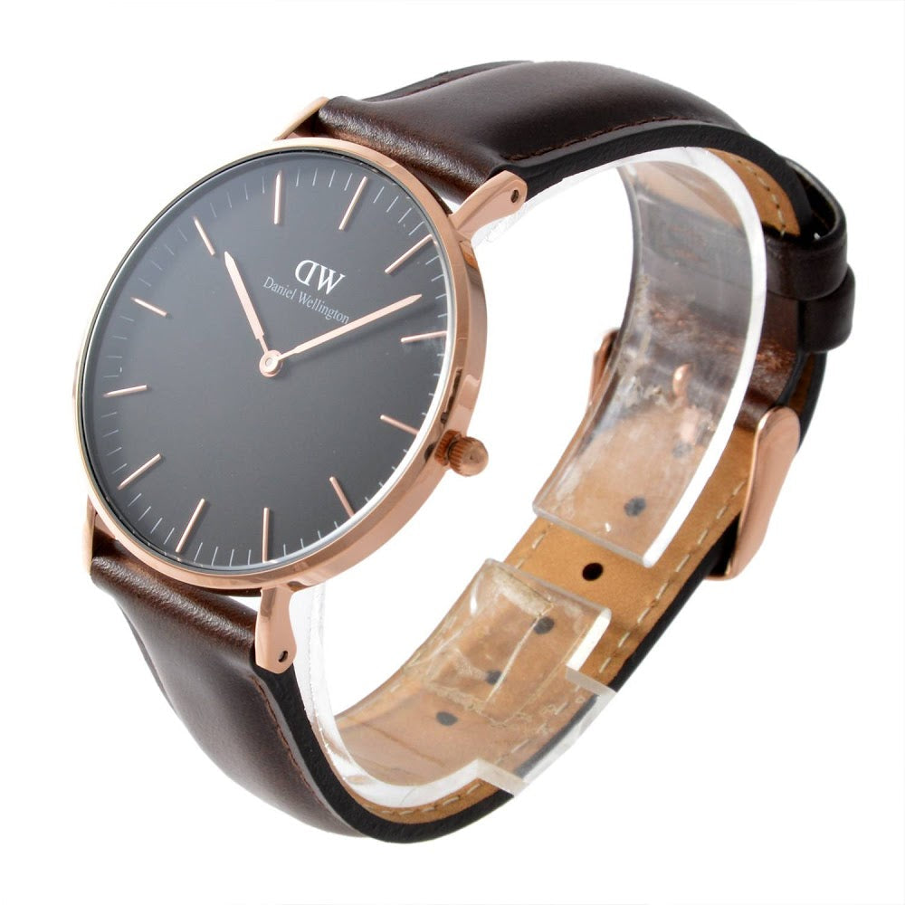 Daniel Wellington Bristol watch angled view showing gold case and brown leather strap