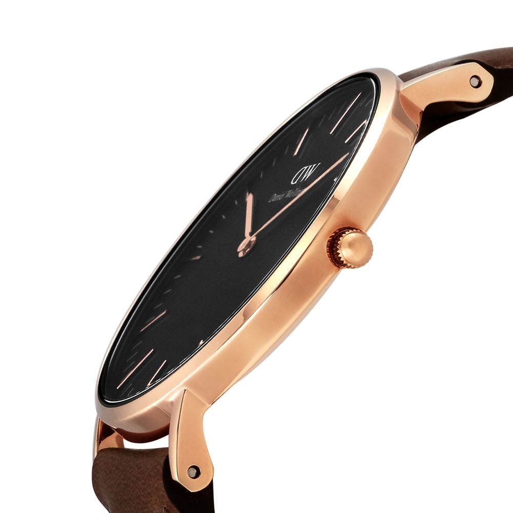 Side view of Daniel Wellington Bristol watch showing gold case profile and thin design