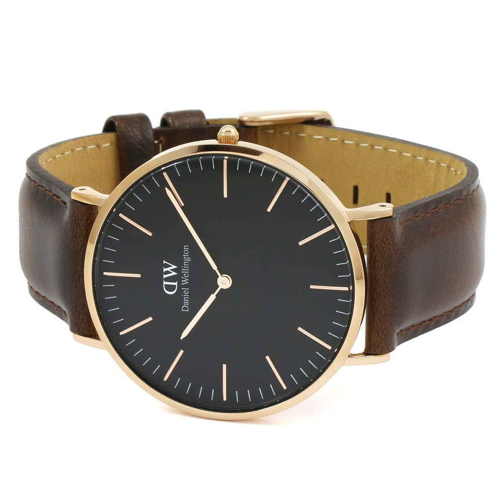 Daniel Wellington Bristol gold watch 40mm angled view showing full face and brown leather strap