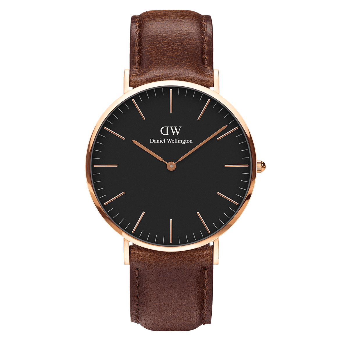 Daniel Wellington Bristol 40mm gold watch with black dial and brown leather strap