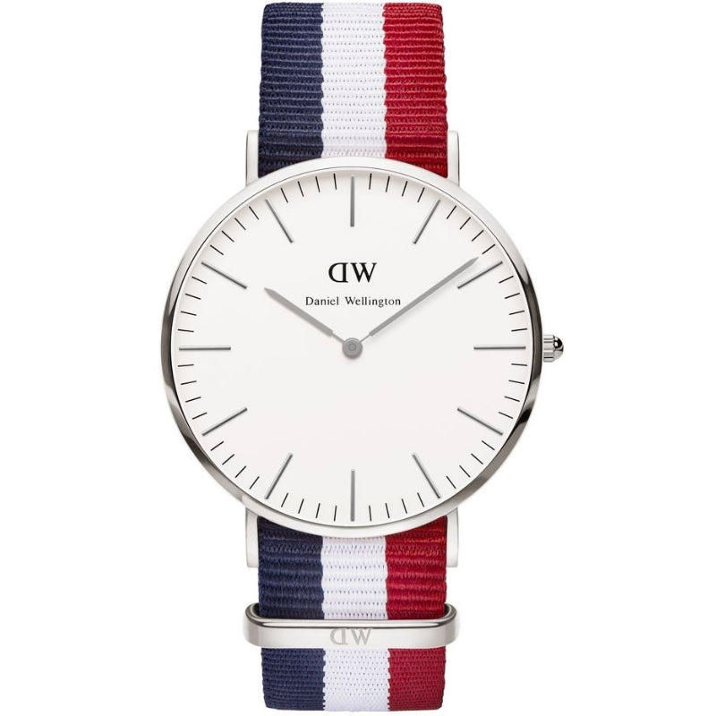 Daniel Wellington Cambridge 40mm watch with white dial and navy-white-red tricolour strap