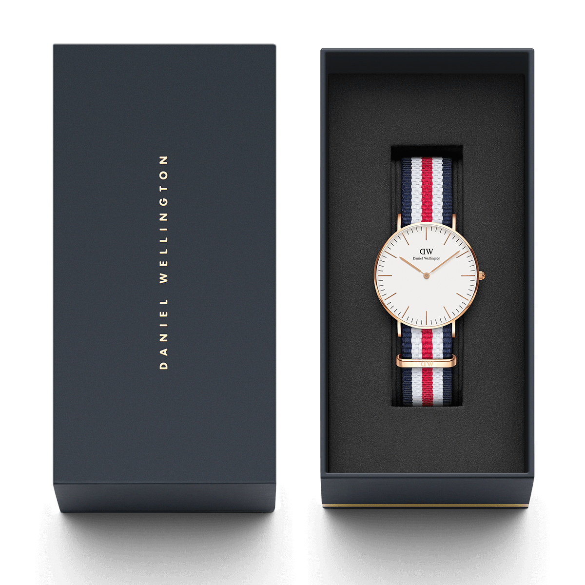 Daniel Wellington Canterbury watch box open showing watch inside with owner's guide and branded strap