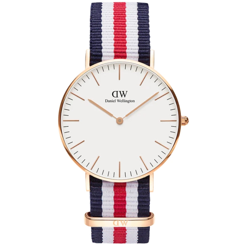 Daniel Wellington Canterbury 36mm gold watch with white dial and navy/red/white NATO strap
