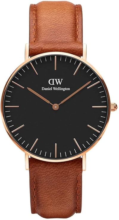 Daniel Wellington Classic Black Durham 36mm rose gold watch with black dial and brown leather strap