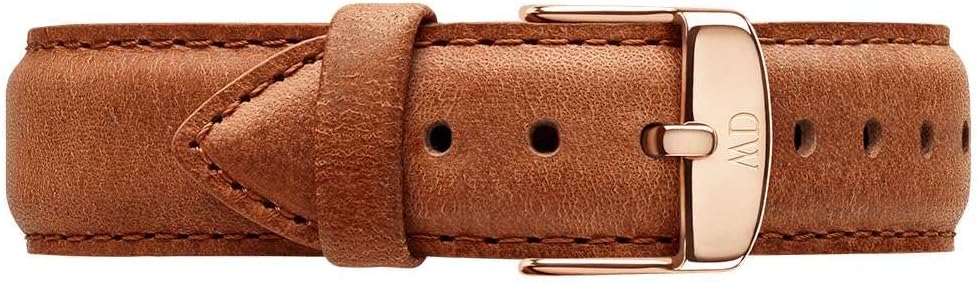 Brown leather strap with rose gold buckle clasp on Daniel Wellington watch