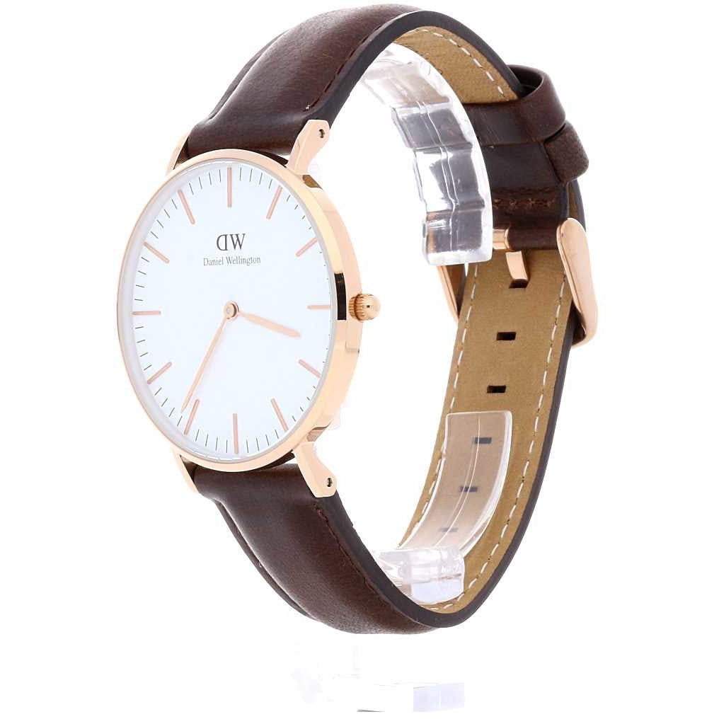 Daniel Wellington Classic Bristol watch angled view showing gold case, white dial, and dark brown leather strap with tan interior