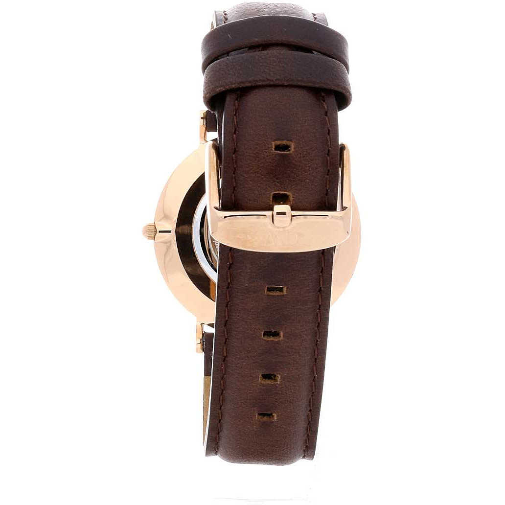 Daniel Wellington Classic Bristol caseback showing gold case back and dark brown leather strap with buckle