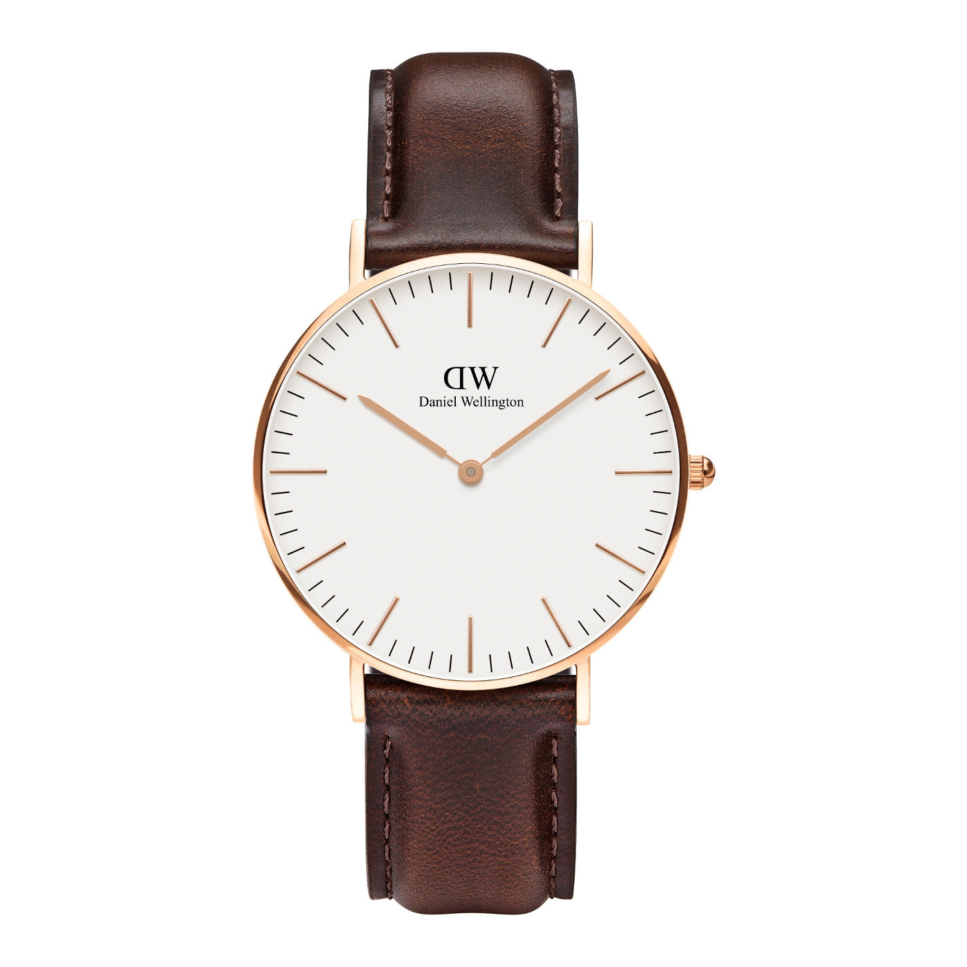 Daniel Wellington Classic Bristol 36mm watch with white dial and gold case on dark brown leather strap