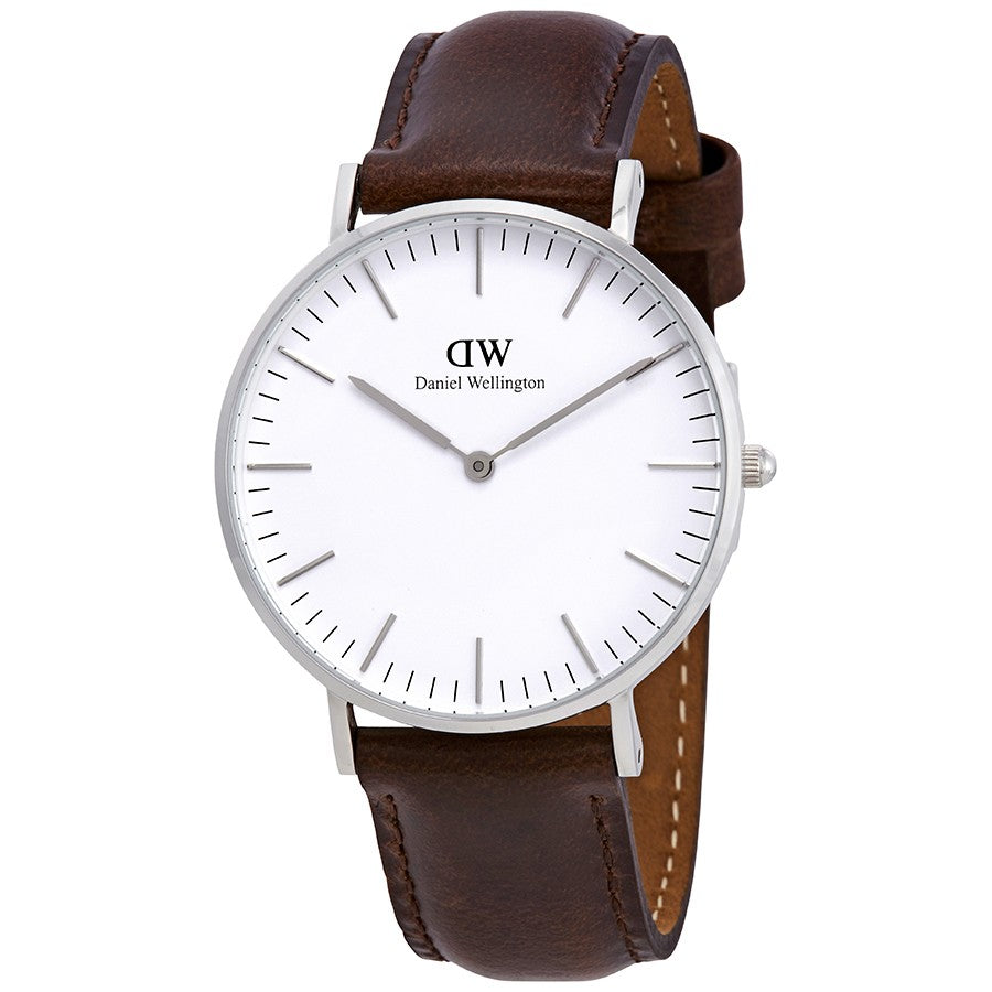 Daniel Wellington Classic Bristol 36mm silver watch with white dial and dark brown leather strap
