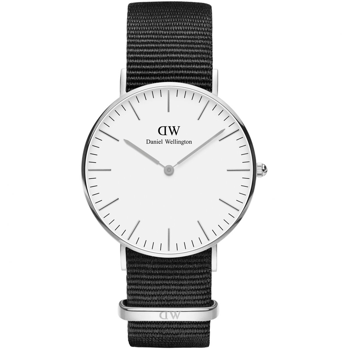 Daniel Wellington Classic Cornwall 36mm silver watch with white dial and black nylon strap