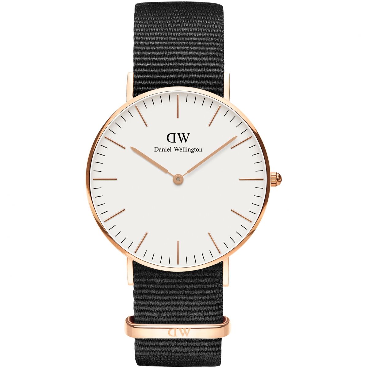 Daniel Wellington Classic Cornwall 36mm watch with white dial, rose gold case, black NATO strap