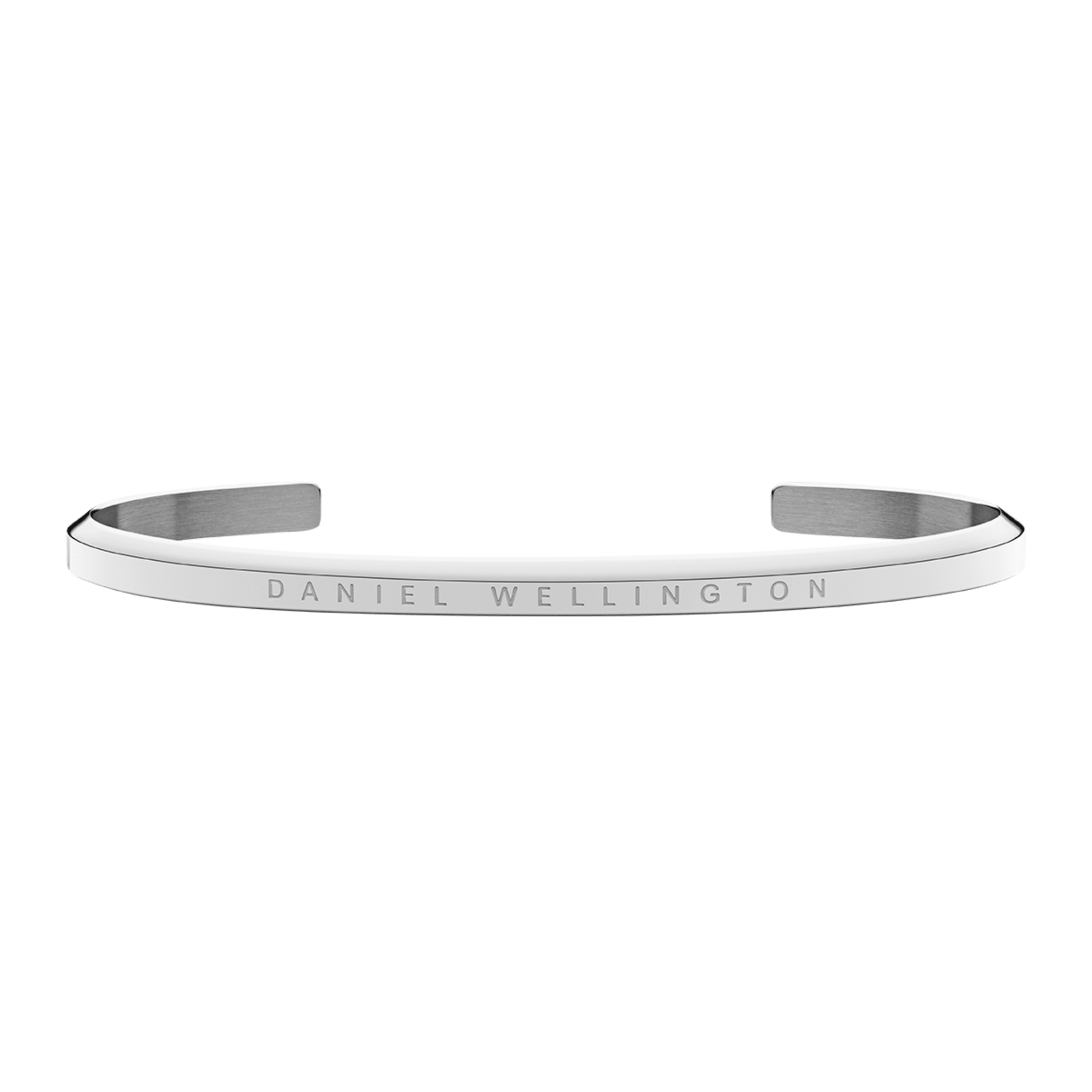 Daniel Wellington silver stainless steel cuff bracelet with engraved branding, viewed from above