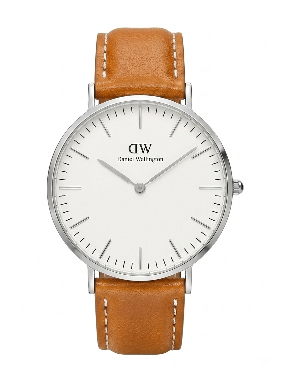 Daniel Wellington Classic Durham 36mm women's watch with silver case, white dial, and tan leather strap