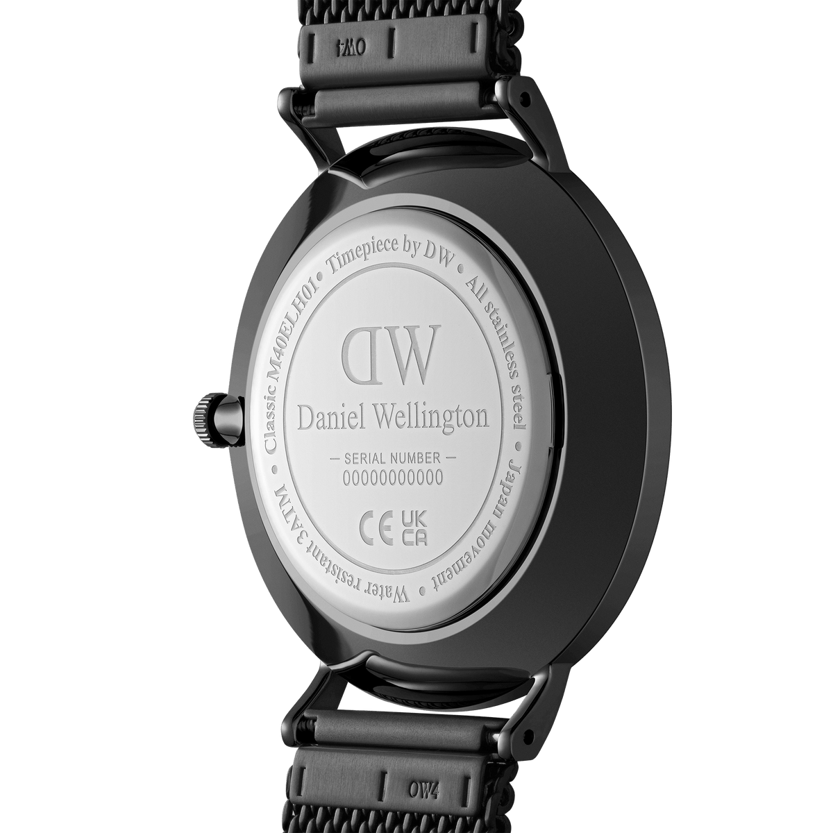 Daniel Wellington caseback showing serial number and branding details
