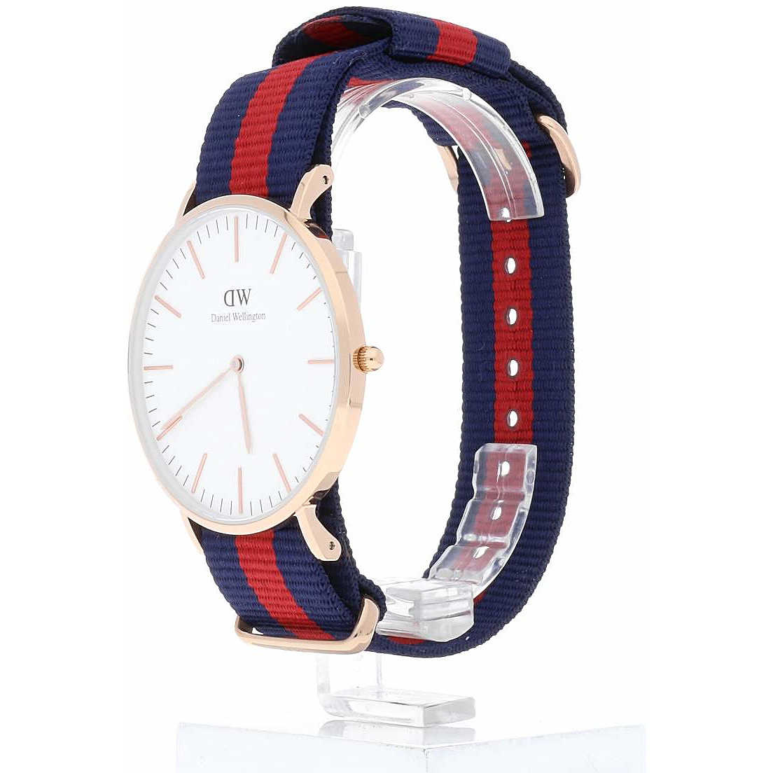 Side angle of Classic Oxford gold watch showing navy-red striped NATO strap design