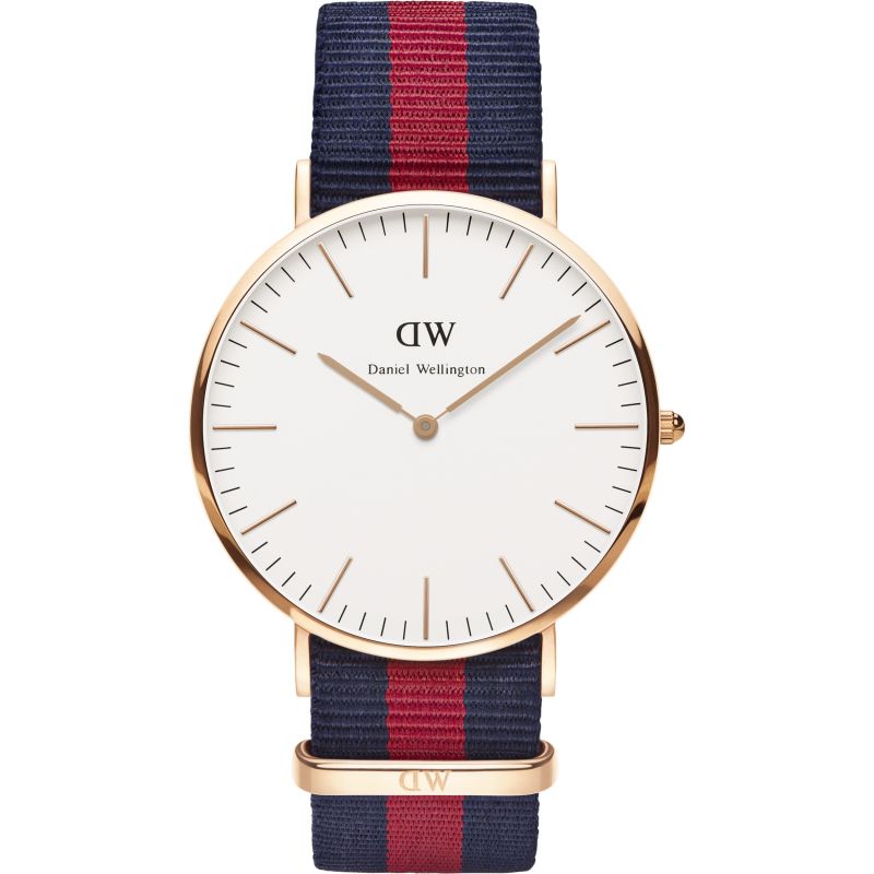Daniel Wellington Classic Oxford gold watch with white dial and navy-red NATO strap