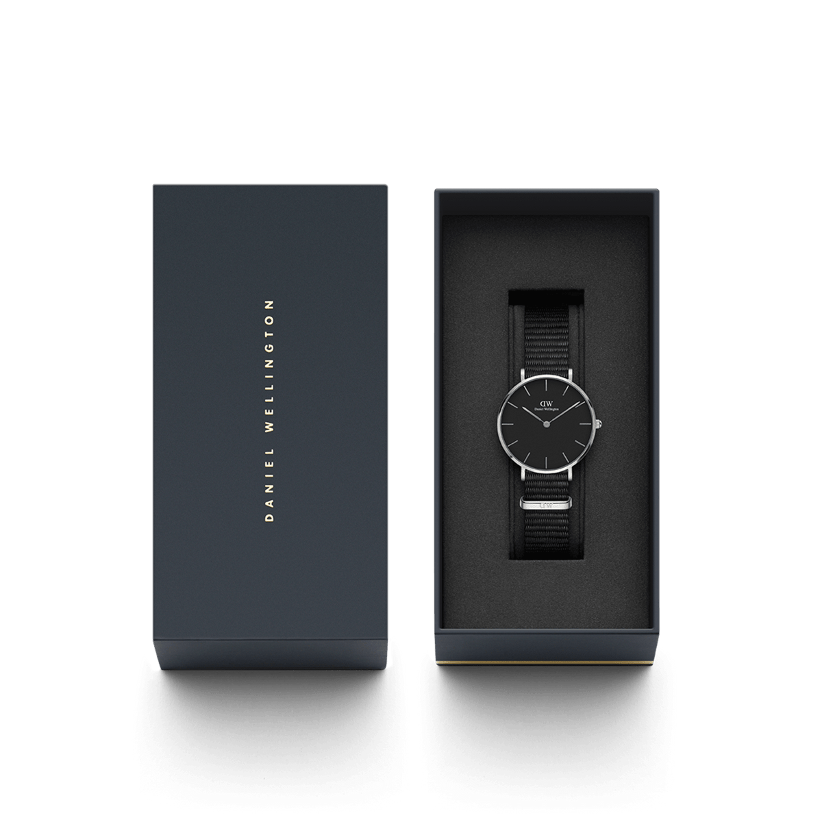 Daniel Wellington watch packaging showing presentation box with watch displayed inside
