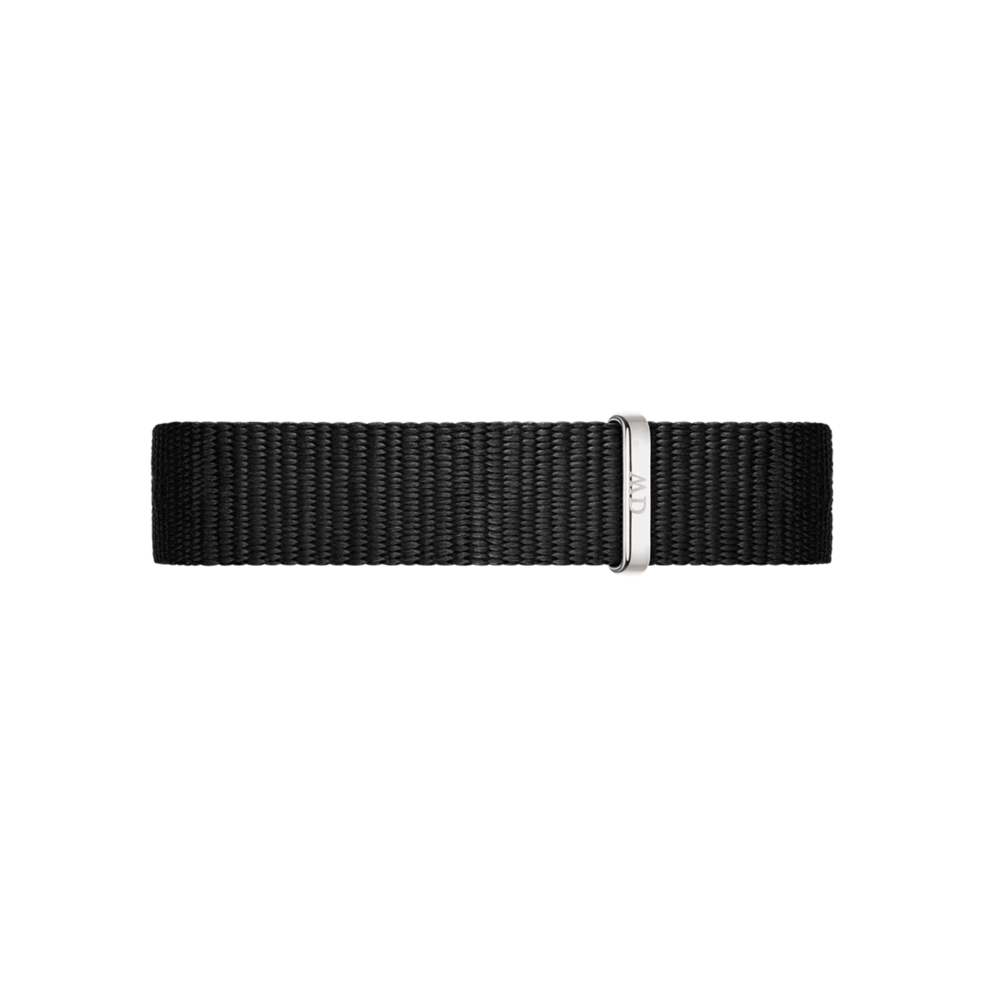 Black nylon fabric watch strap with silver-tone buckle clasp