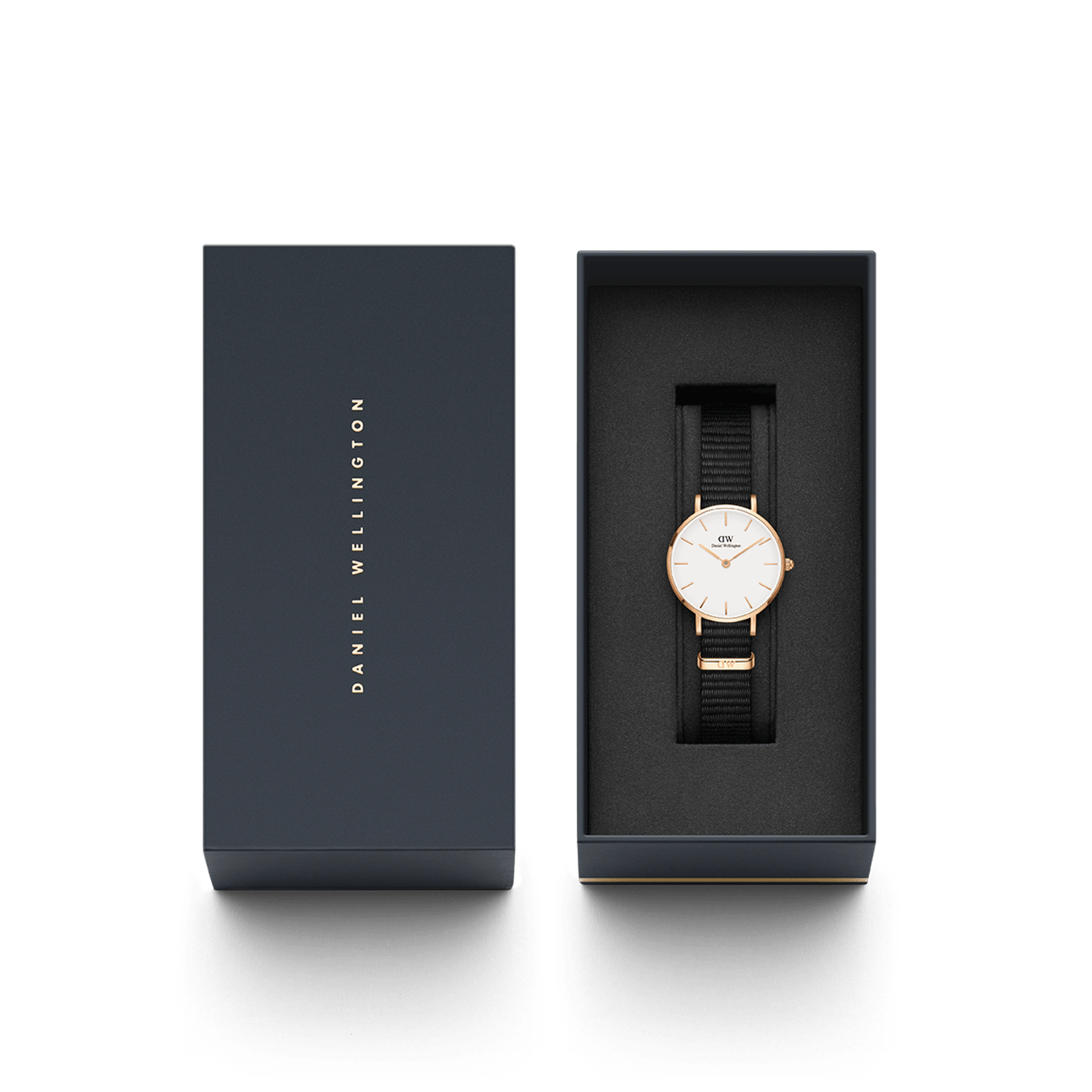 Daniel Wellington watch box and packaging with Classic Petite Cornwall watch displayed