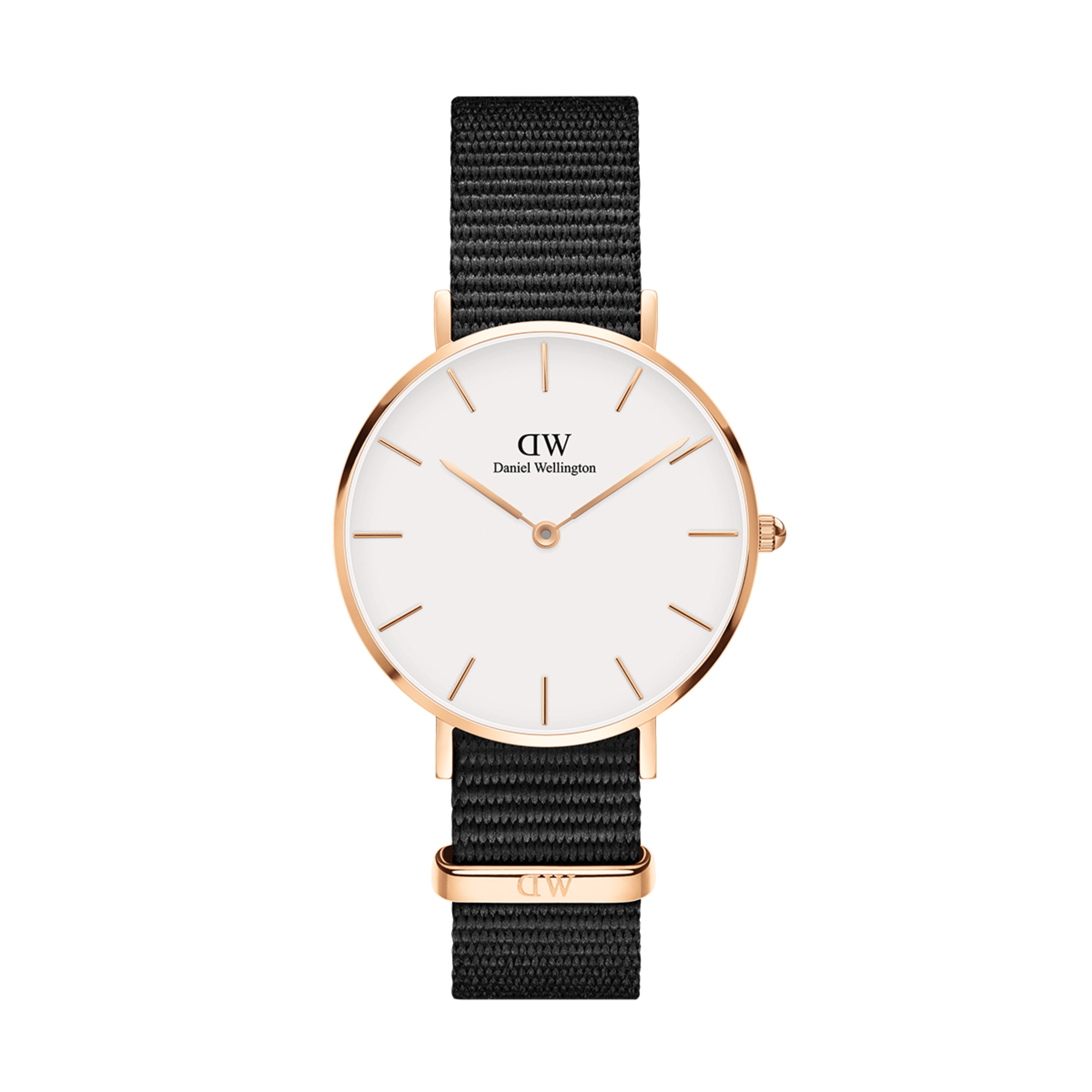 Daniel Wellington Classic Petite Cornwall watch with white dial and black NATO strap