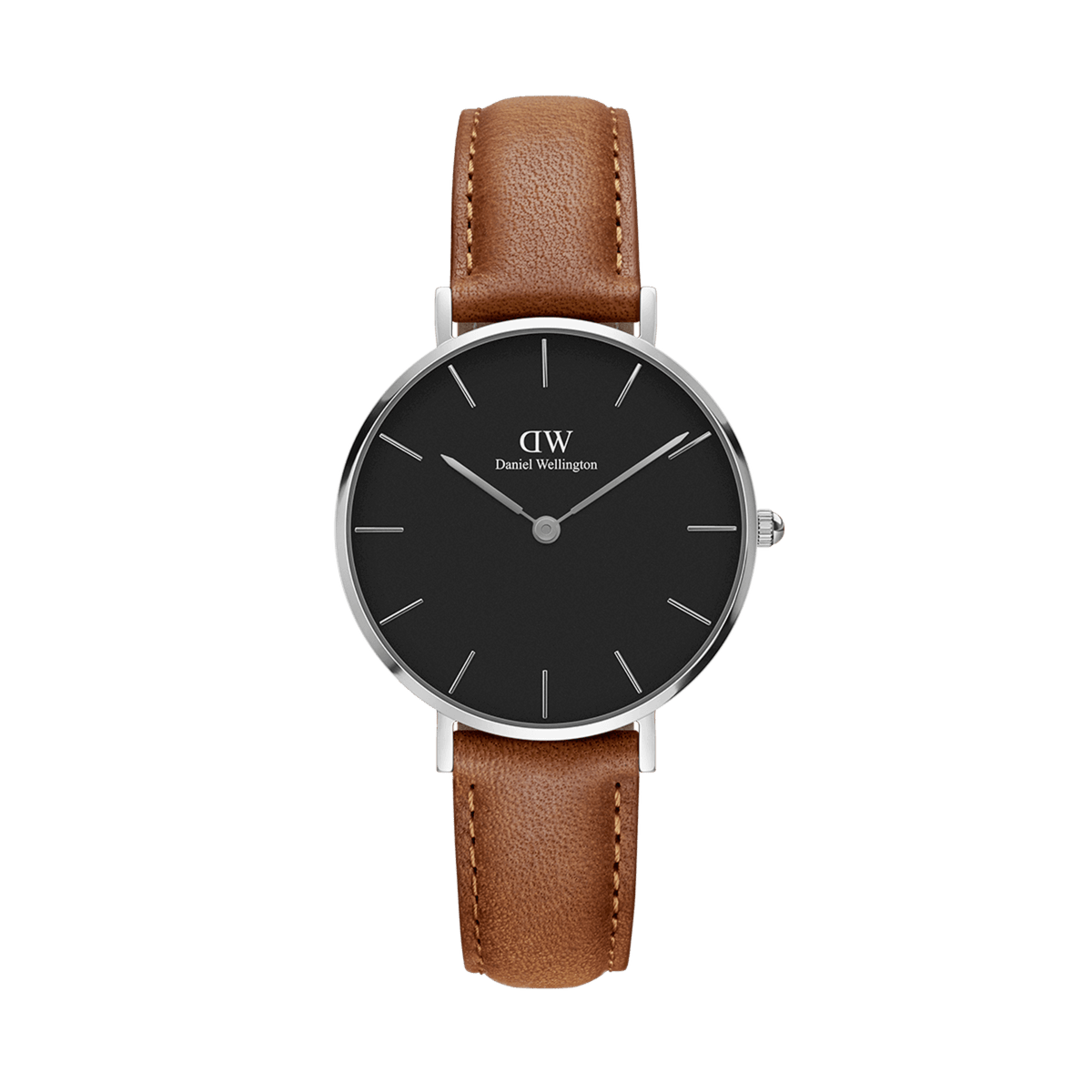 Daniel Wellington Classic Petite Durham 32mm watch with black dial and light brown leather strap