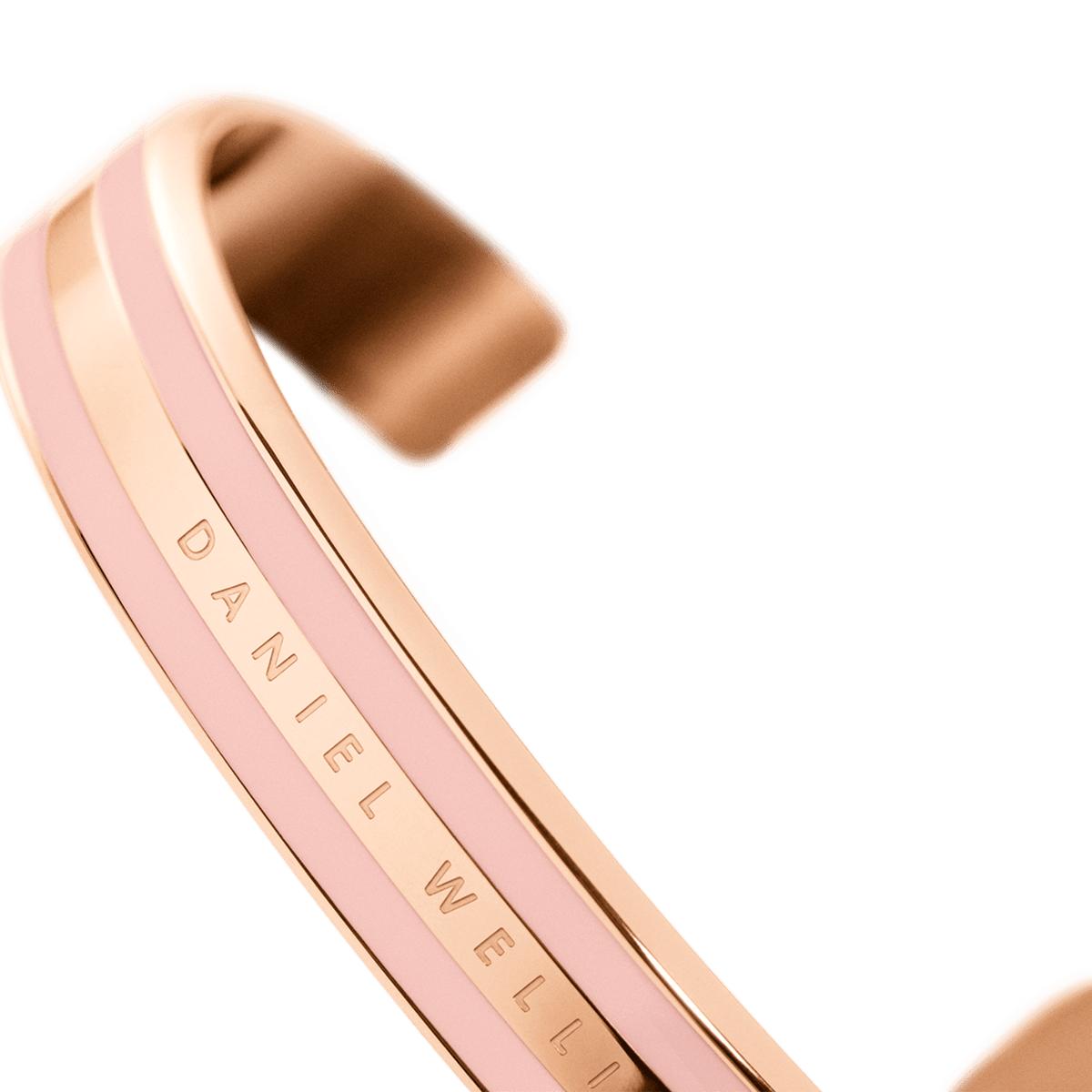 Angled view of Classic Petite Melrose bangle showing pink enamel band and rose gold interior
