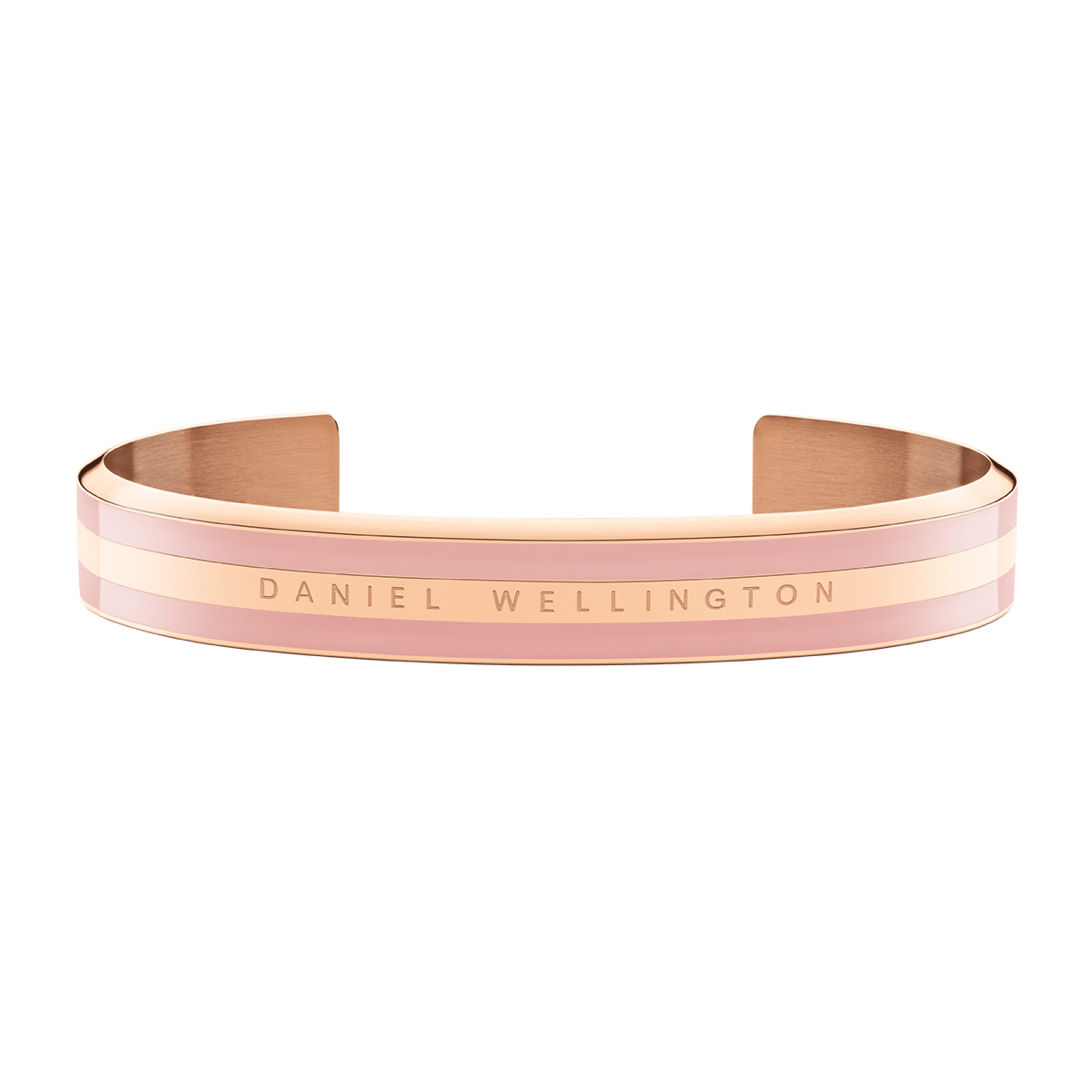 Front view of Classic Petite Melrose rose gold cuff bangle with pink enamel stripe