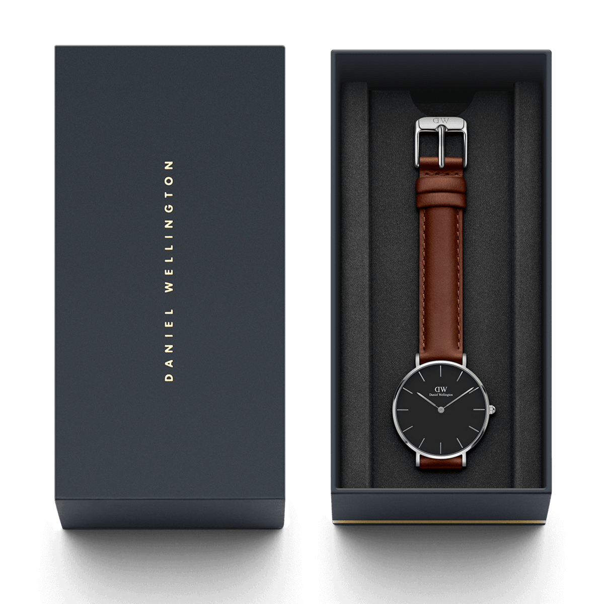 Daniel Wellington branded presentation box with watch and brown leather strap inside