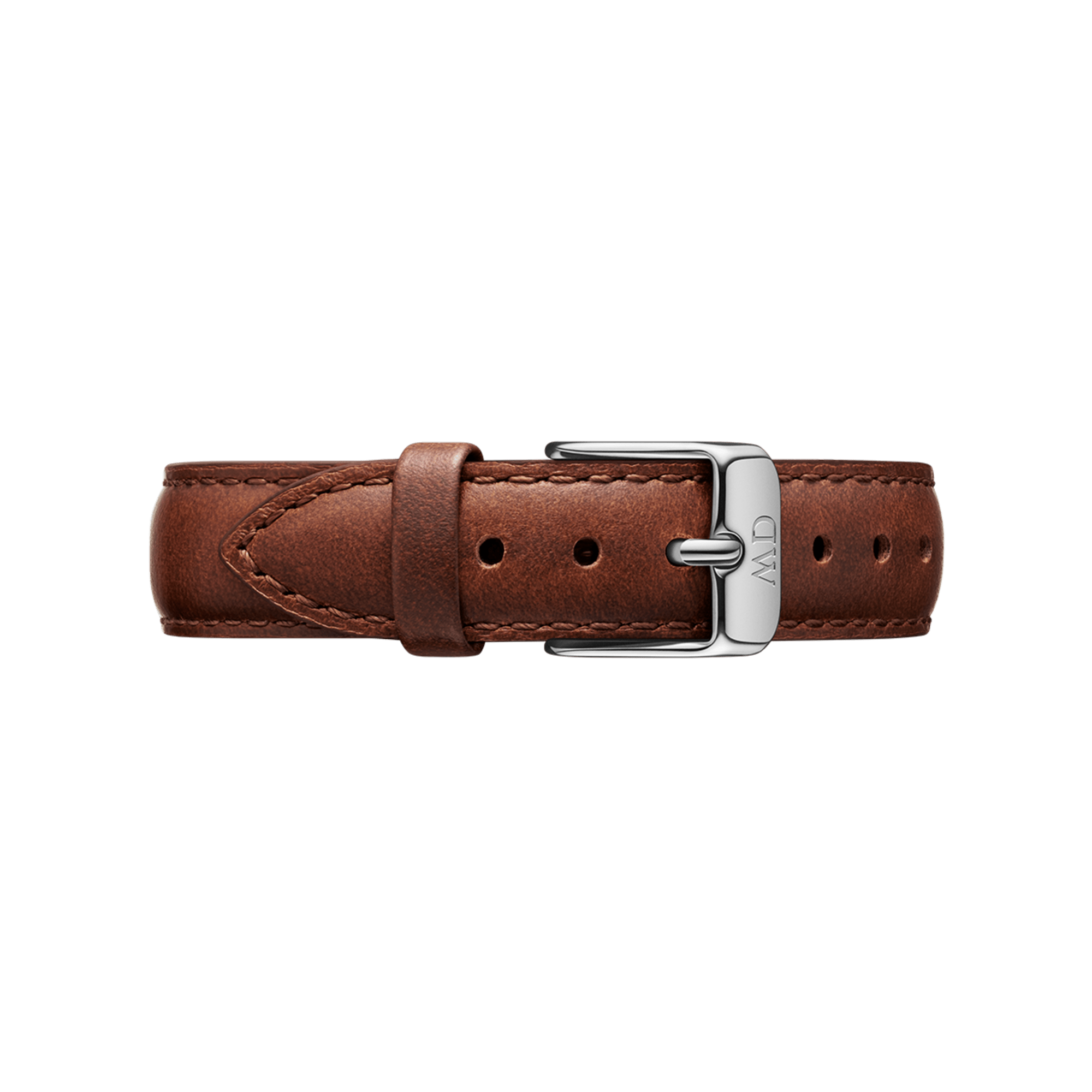 Brown leather strap with silver buckle and stitching detail